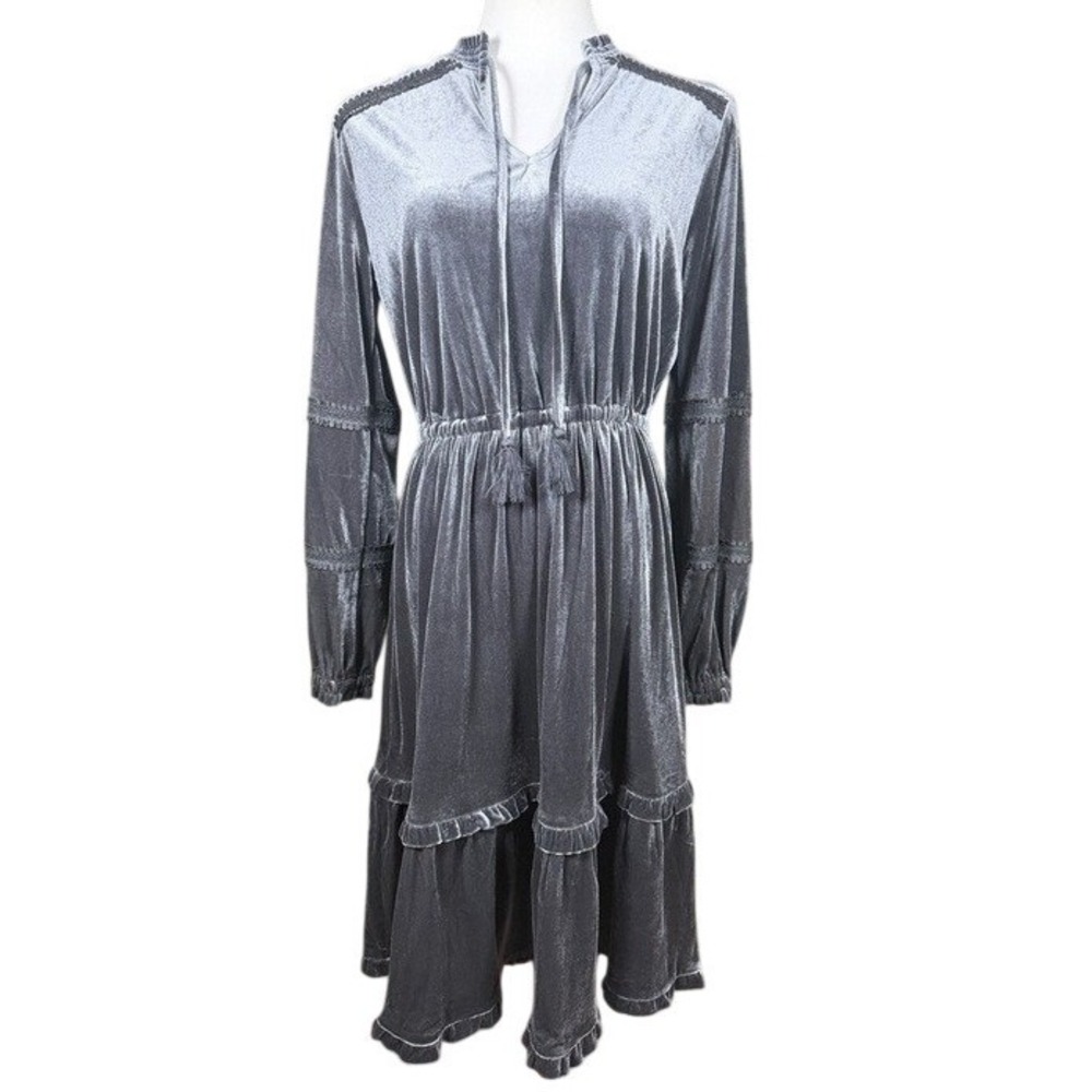 Kate & Sam Womens Grey Velvet Boho Midi Dress Tassel Tie‎ Tiered Ruffle Medium